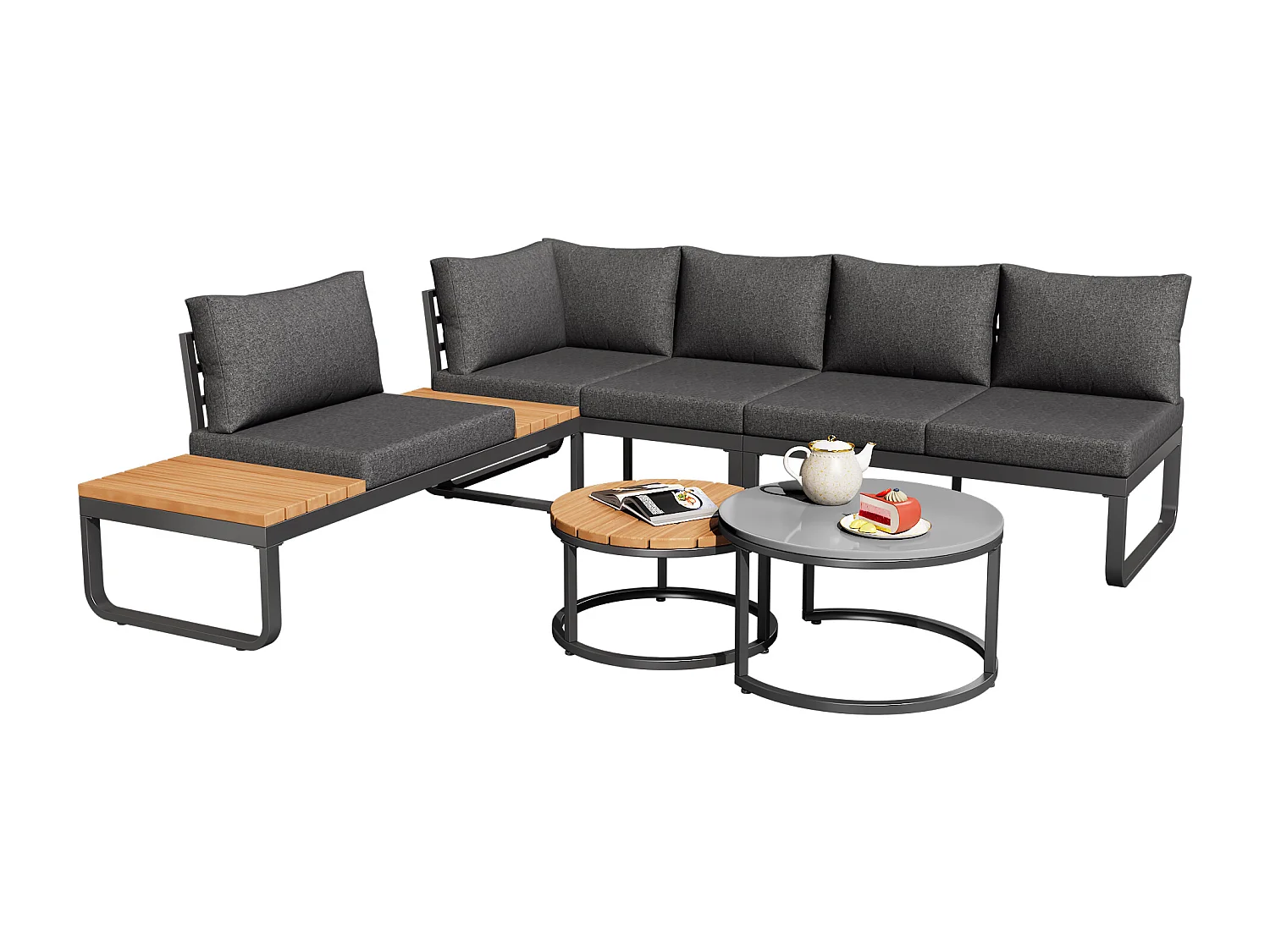 Zestaw mebli ogrodowych - 4 miejsca - z ocynkowanej stali - narożna sofa - 2 stoliki kawowe - z poduszkami i regulowanymi nogami - Szary