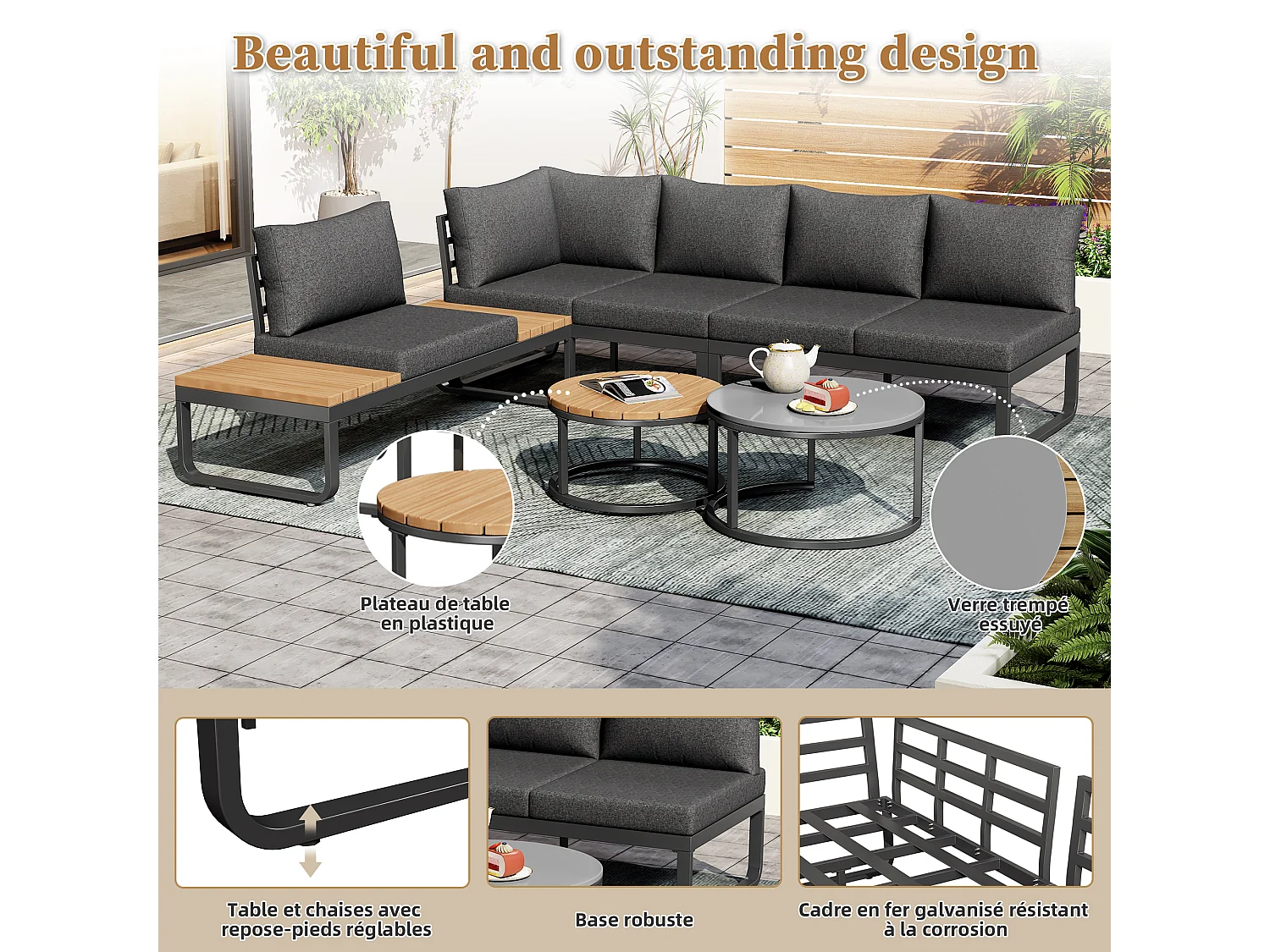 Zestaw mebli ogrodowych - 4 miejsca - z ocynkowanej stali - narożna sofa - 2 stoliki kawowe - z poduszkami i regulowanymi nogami - Szary