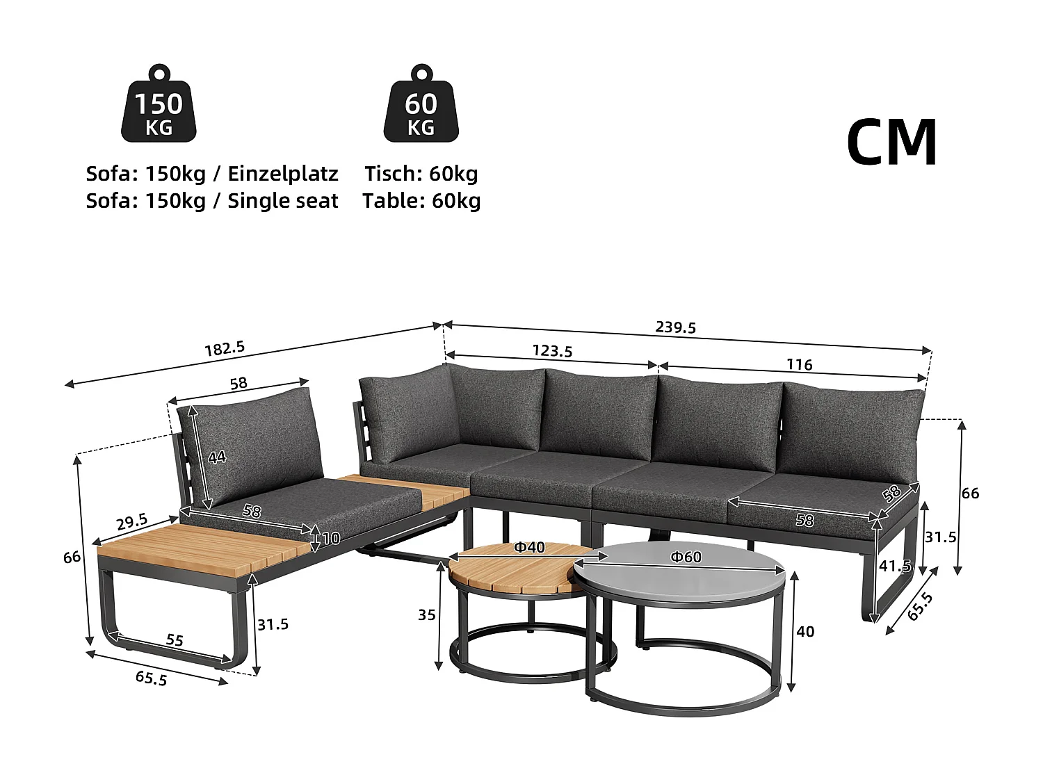 Zestaw mebli ogrodowych - 4 miejsca - z ocynkowanej stali - narożna sofa - 2 stoliki kawowe - z poduszkami i regulowanymi nogami - Szary