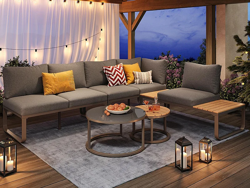Salón de jardín - 4 plazas - en hierro galvanizado - sofá de esquina - 2 mesas bajas - con cojines y pies ajustables - Gris