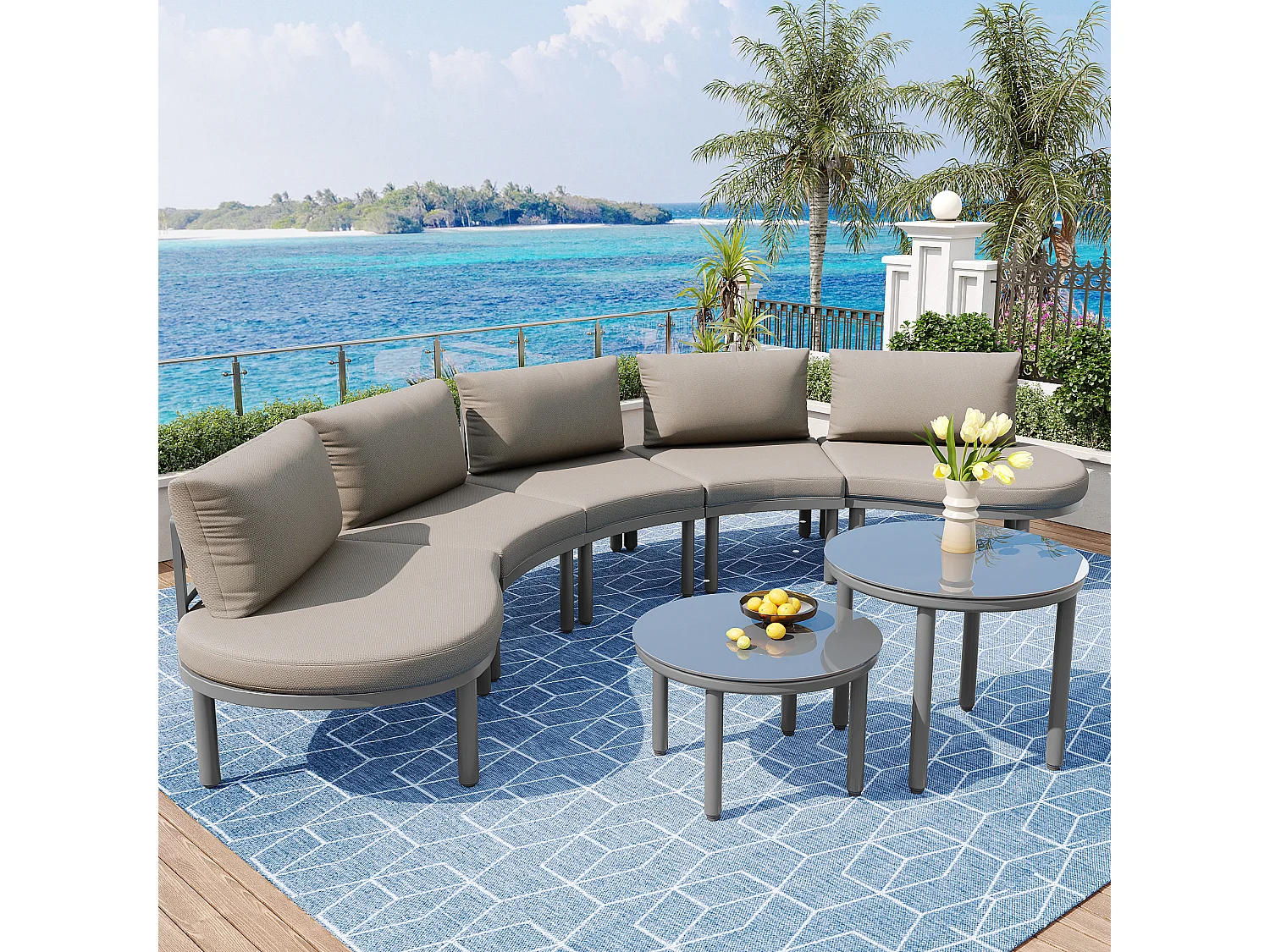 Zestaw mebli ogrodowych 5-osobowy - 2 niskie stoliki ze szkła hartowanego - z galwanizowanej stali - z regulowanymi nogami - elegancka, zaokrąglona kanapa - Szary