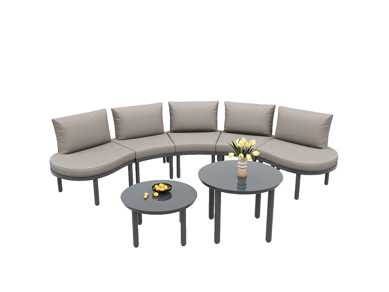 Zestaw mebli ogrodowych 5-osobowy - 2 niskie stoliki ze szkła hartowanego - z galwanizowanej stali - z regulowanymi nogami - elegancka, zaokrąglona kanapa - Szary