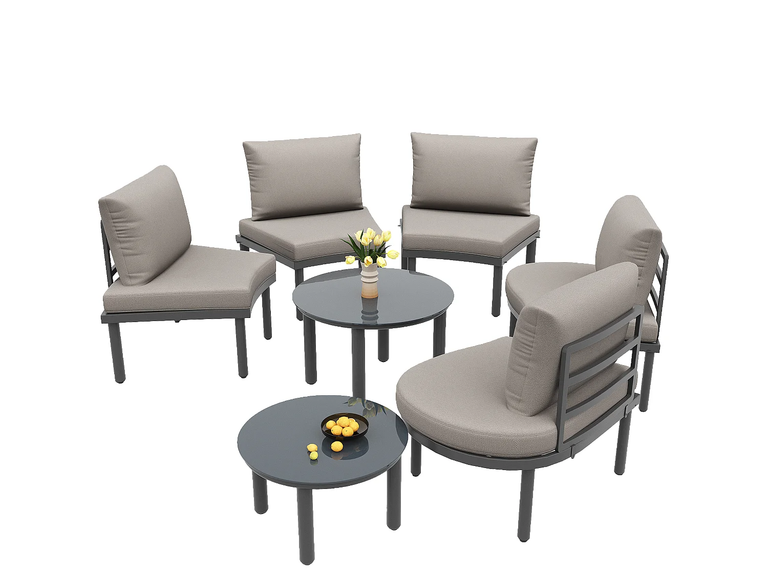 Zestaw mebli ogrodowych 5-osobowy - 2 niskie stoliki ze szkła hartowanego - z galwanizowanej stali - z regulowanymi nogami - elegancka, zaokrąglona kanapa - Szary