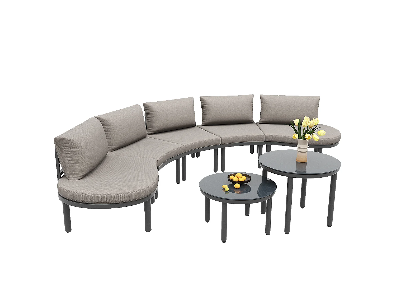 Salon de jardin 5 places - 2 tables basses en verre trempé - en fer galvanisé - avec pieds réglables - élégant canapé arrondi - Gris