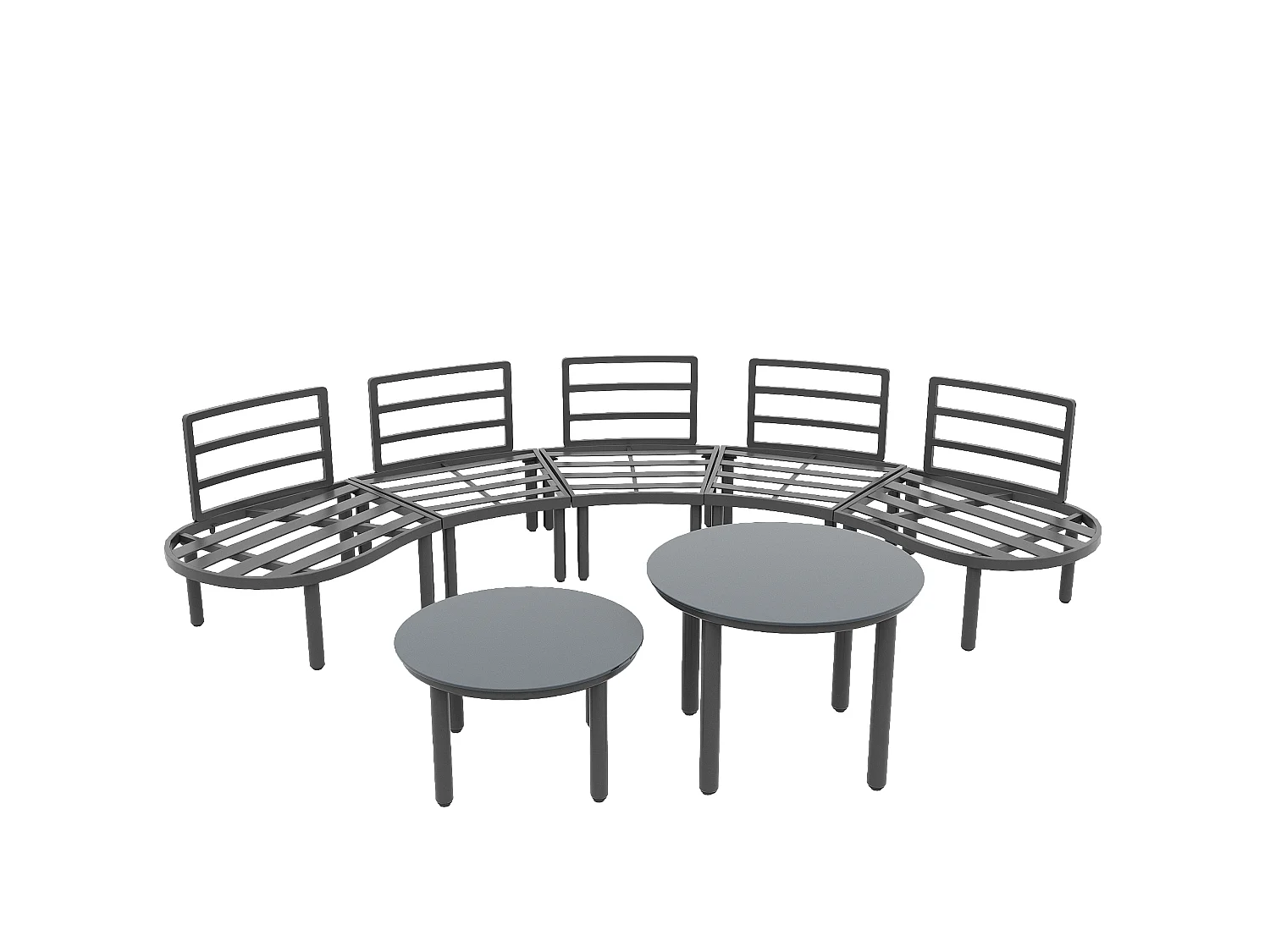 Salon de jardin 5 places - 2 tables basses en verre trempé - en fer galvanisé - avec pieds réglables - élégant canapé arrondi - Gris