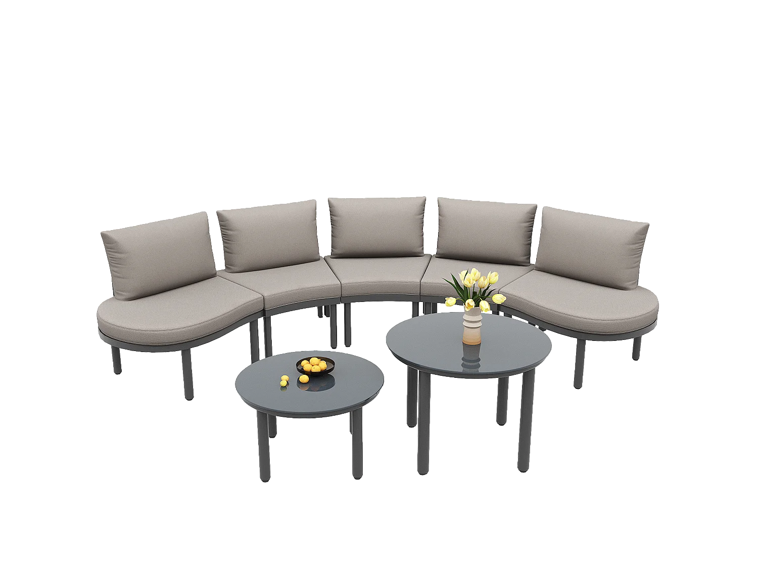 Salão de jardim, 5 lugares - 2 mesas baixas de vidro temperado - em ferro galvanizado - com pés ajustáveis - elegante canapé redondo - Cinza