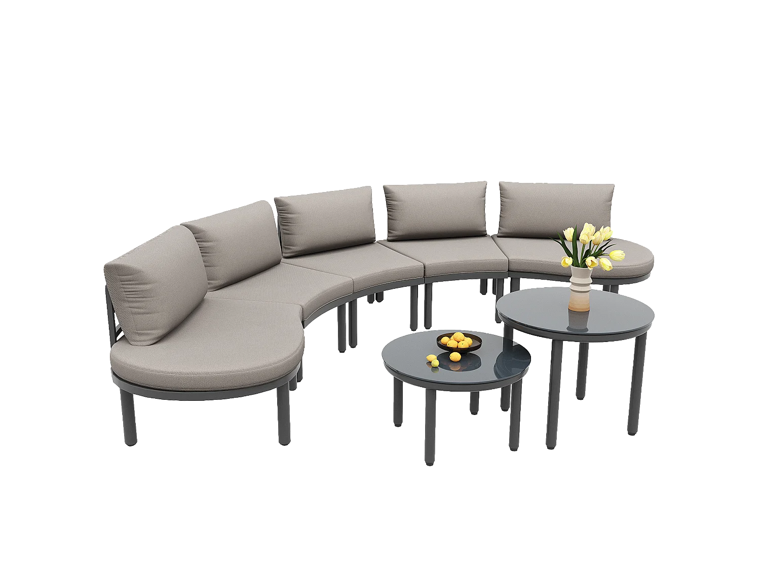 Salão de jardim, 5 lugares - 2 mesas baixas de vidro temperado - em ferro galvanizado - com pés ajustáveis - elegante canapé redondo - Cinza