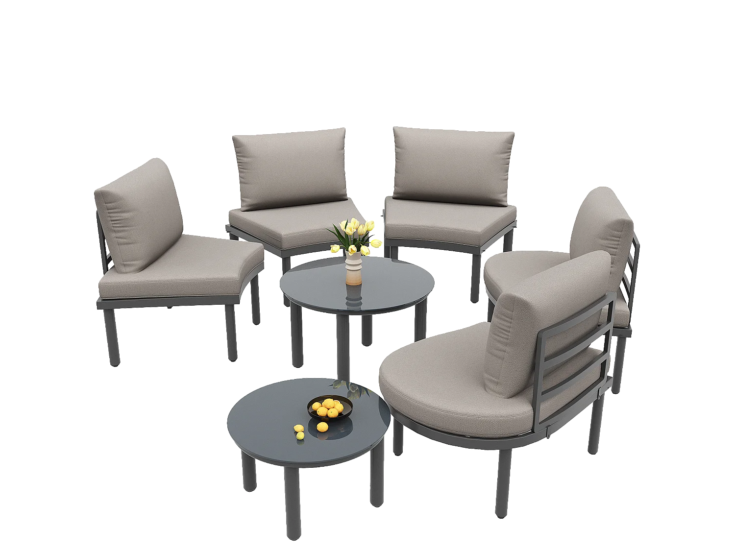 Salão de jardim, 5 lugares - 2 mesas baixas de vidro temperado - em ferro galvanizado - com pés ajustáveis - elegante canapé redondo - Cinza