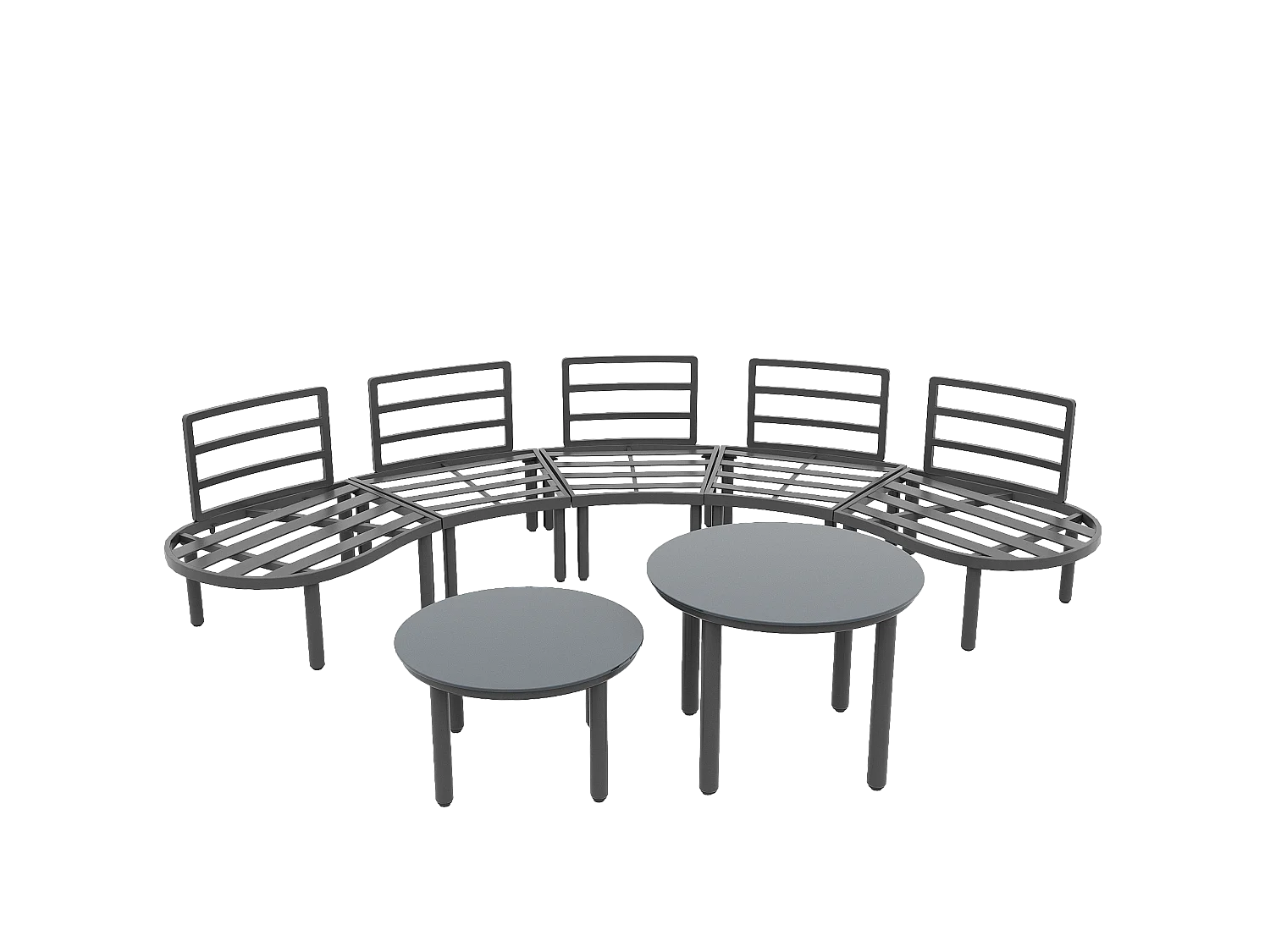 Salão de jardim, 5 lugares - 2 mesas baixas de vidro temperado - em ferro galvanizado - com pés ajustáveis - elegante canapé redondo - Cinza