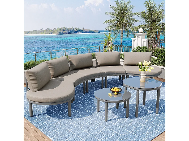 Zestaw mebli ogrodowych 5-osobowy - 2 niskie stoliki ze szkła hartowanego - z galwanizowanej stali - z regulowanymi nogami - elegancka, zaokrąglona kanapa - Szary