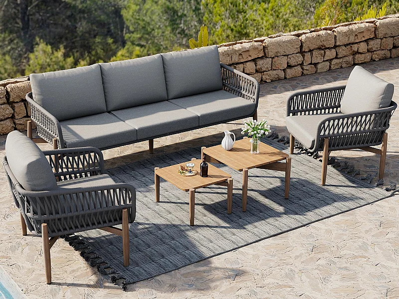 Garten-Salon - Ensemble von Gartenliegestühlen - 5 Plätze - aus Seil - aus galvanisiertem Eisen - Sofa - 2 niedrige Tische - 2 Sessel - Grau