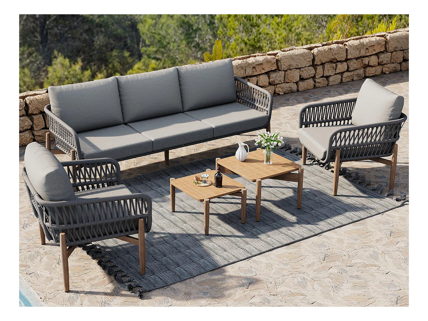 Garten-Salon - Ensemble von Gartenliegestühlen - 5 Plätze - aus Seil - aus galvanisiertem Eisen - Sofa - 2 niedrige Tische - 2 Sessel - Grau