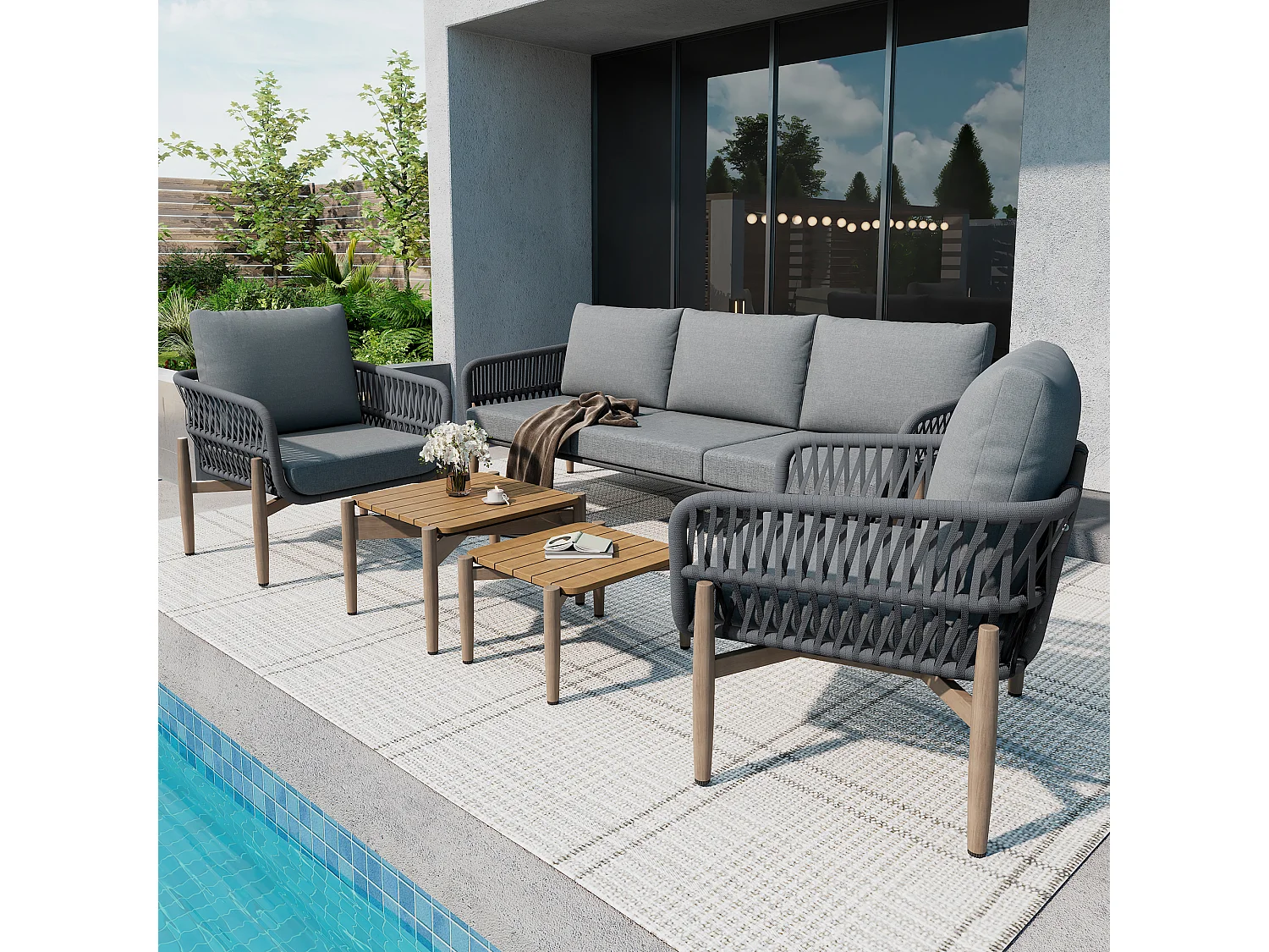 Tuinsalon - ensemble van tuinliegestoelen - 5 plaatsen - in touw - in verzinkt ijzer - canapé - 2 lage tafels - 2 fauteuils - Grijs