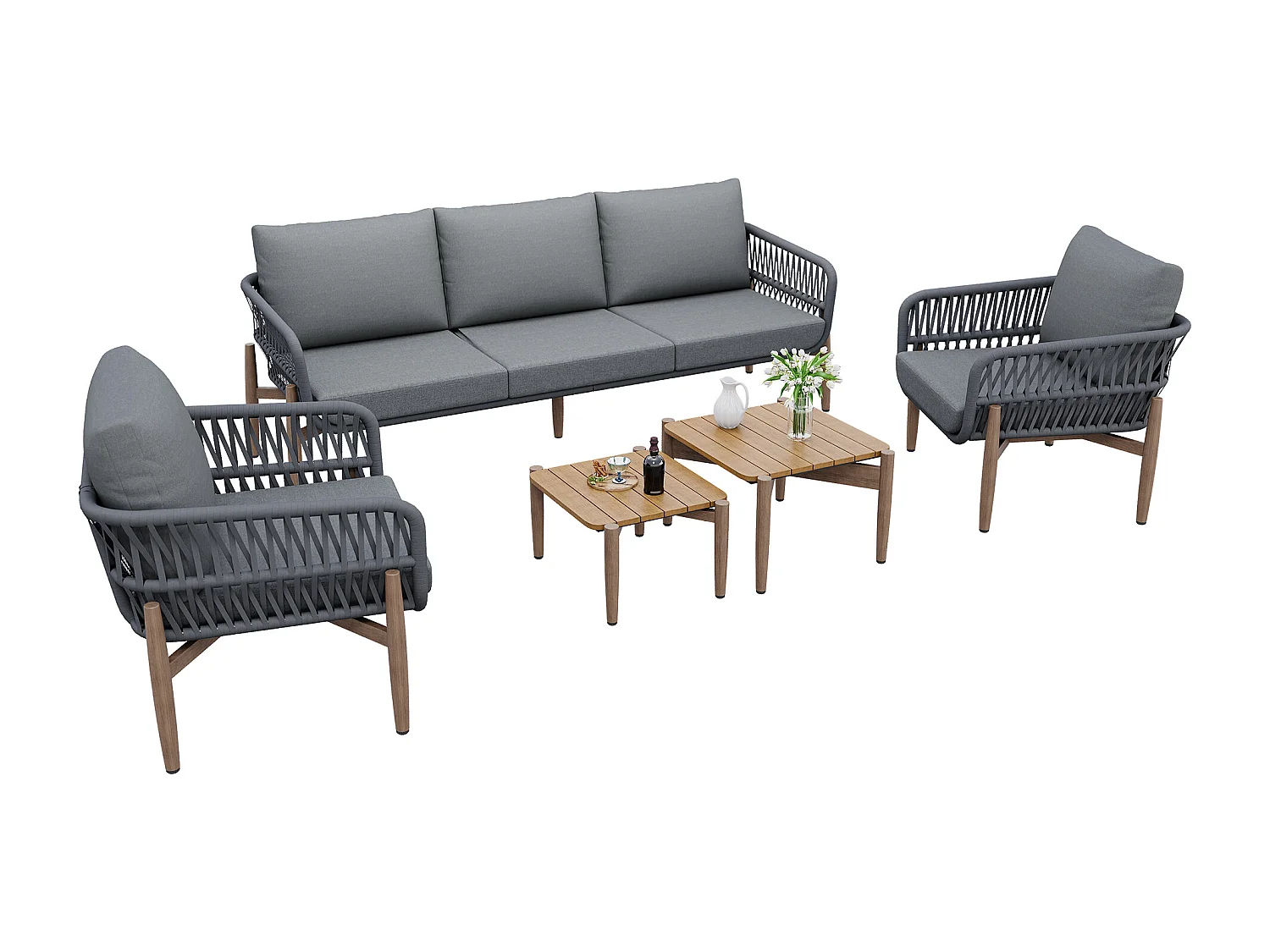 Tuinsalon - ensemble van tuinliegestoelen - 5 plaatsen - in touw - in verzinkt ijzer - canapé - 2 lage tafels - 2 fauteuils - Grijs