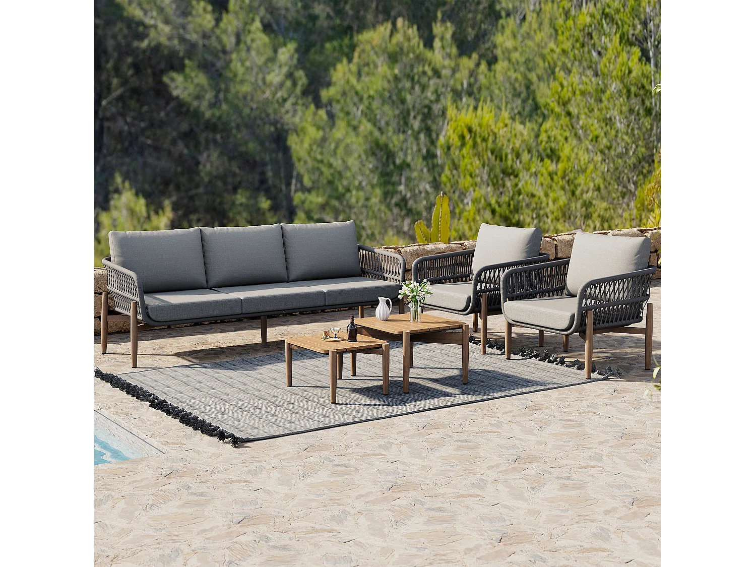 Tuinsalon - ensemble van tuinliegestoelen - 5 plaatsen - in touw - in verzinkt ijzer - canapé - 2 lage tafels - 2 fauteuils - Grijs