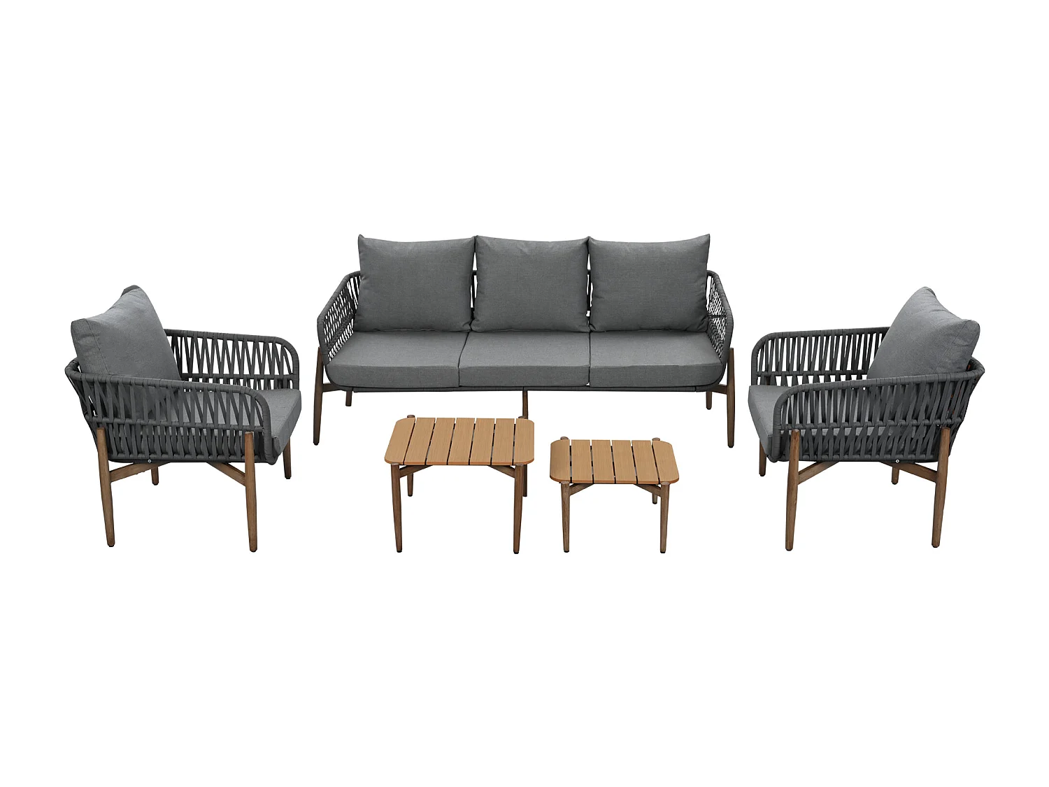 Tuinsalon - ensemble van tuinliegestoelen - 5 plaatsen - in touw - in verzinkt ijzer - canapé - 2 lage tafels - 2 fauteuils - Grijs