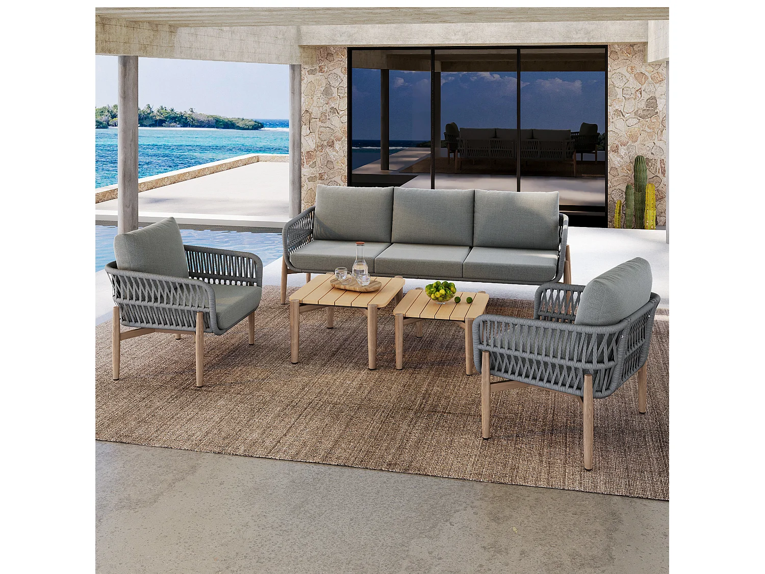 Tuinsalon - ensemble van tuinliegestoelen - 5 plaatsen - in touw - in verzinkt ijzer - canapé - 2 lage tafels - 2 fauteuils - Grijs