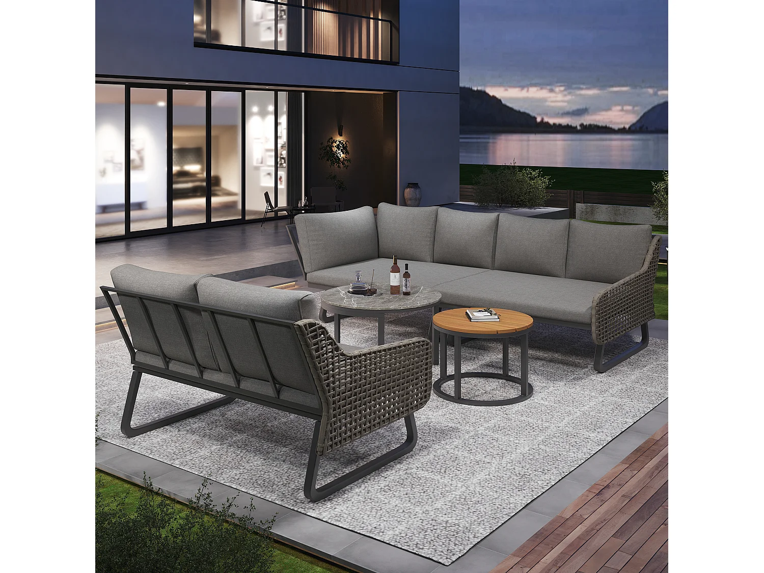 Salón de jardín, conjunto de muebles para 6 - 7 personas, en ratán artesanal, 2 mesas rusas, en hierro galvanizado, pies ajustables, gris