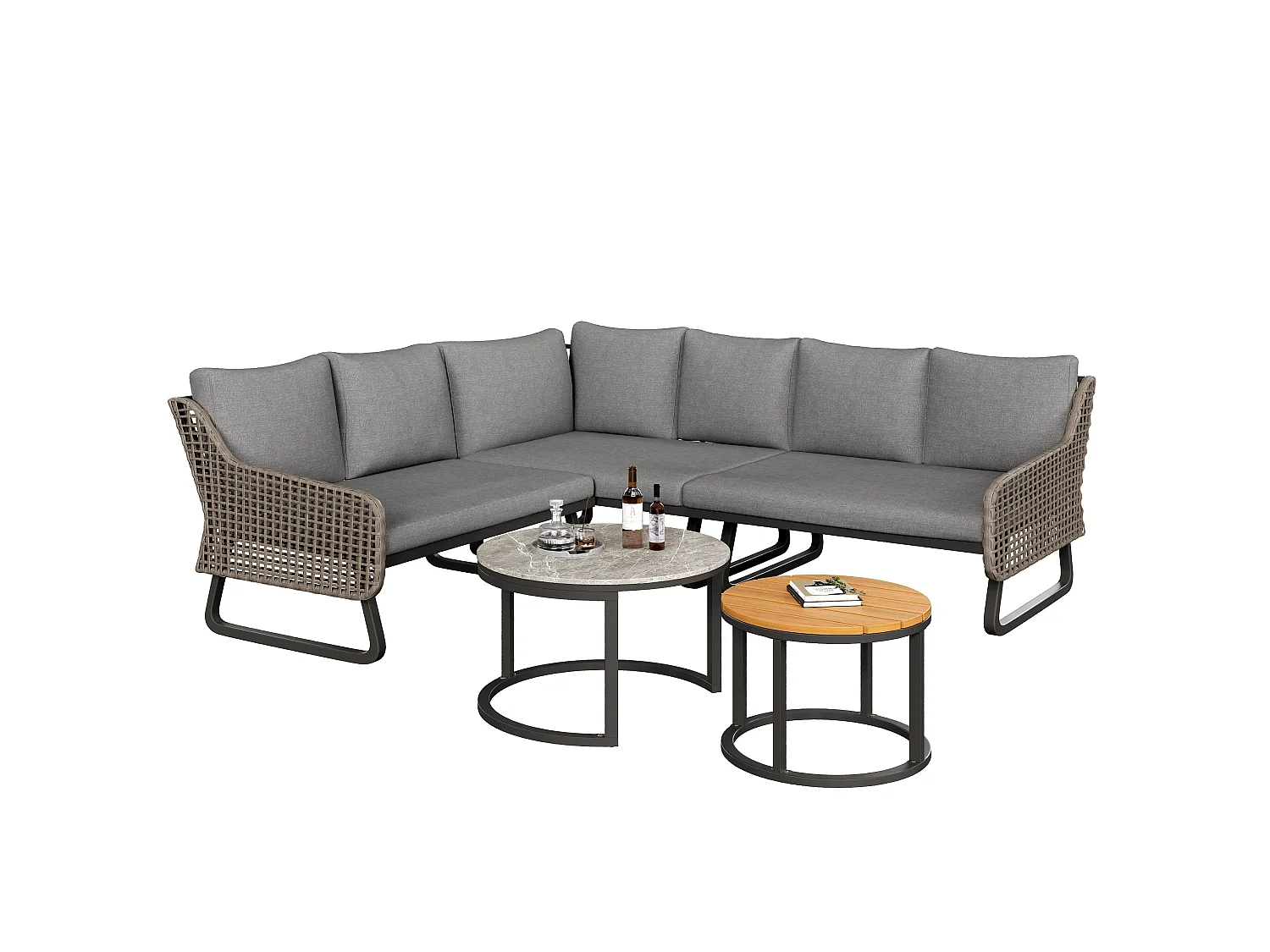 Salón de jardín, conjunto de muebles para 6 - 7 personas, en ratán artesanal, 2 mesas rusas, en hierro galvanizado, pies ajustables, gris