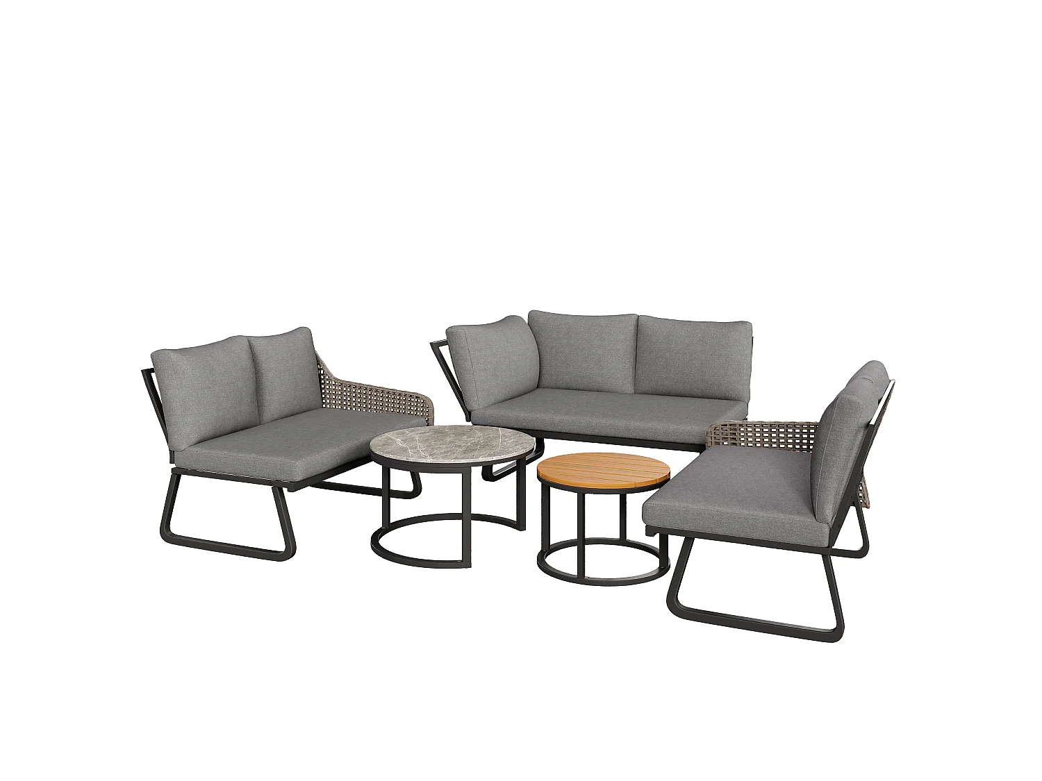 Salón de jardín, conjunto de muebles para 6 - 7 personas, en ratán artesanal, 2 mesas rusas, en hierro galvanizado, pies ajustables, gris