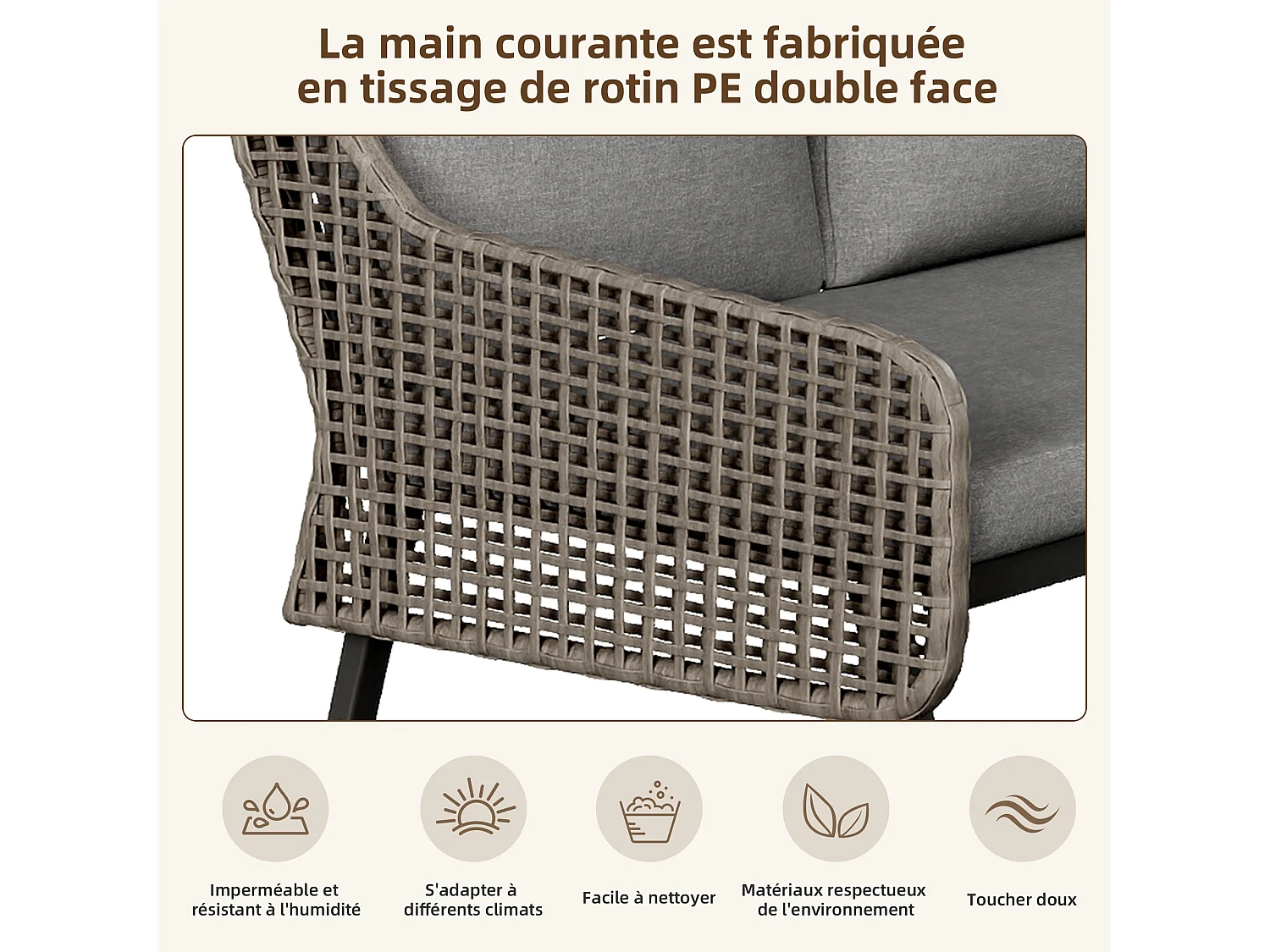 Salón de jardín, conjunto de muebles para 6 - 7 personas, en ratán artesanal, 2 mesas rusas, en hierro galvanizado, pies ajustables, gris