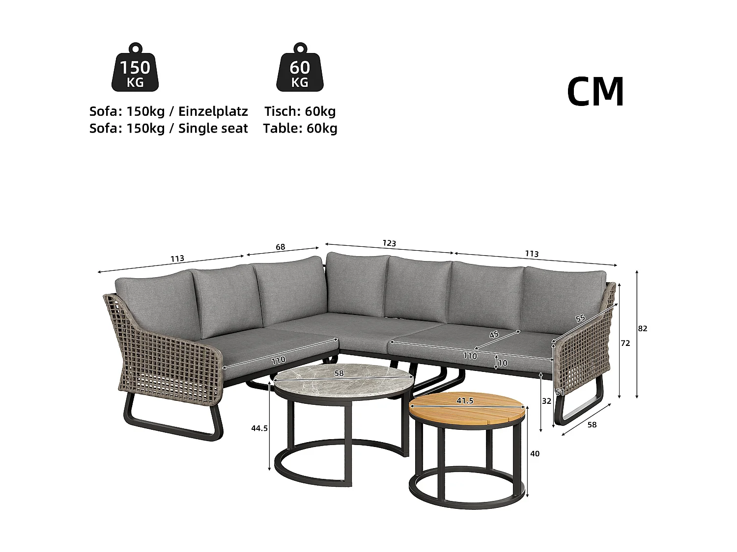 Salón de jardín, conjunto de muebles para 6 - 7 personas, en ratán artesanal, 2 mesas rusas, en hierro galvanizado, pies ajustables, gris