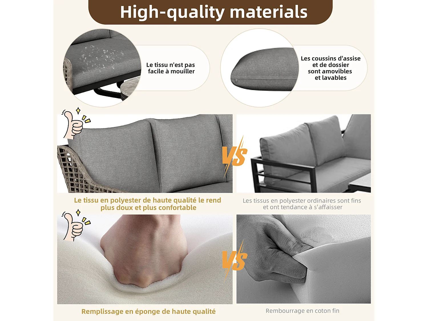 Salon de jardin, ensemble de meubles pour 6-7 personnes, en rotin artisanal, 2 tables gigognes, en fer galvanisé, pieds réglables, gris