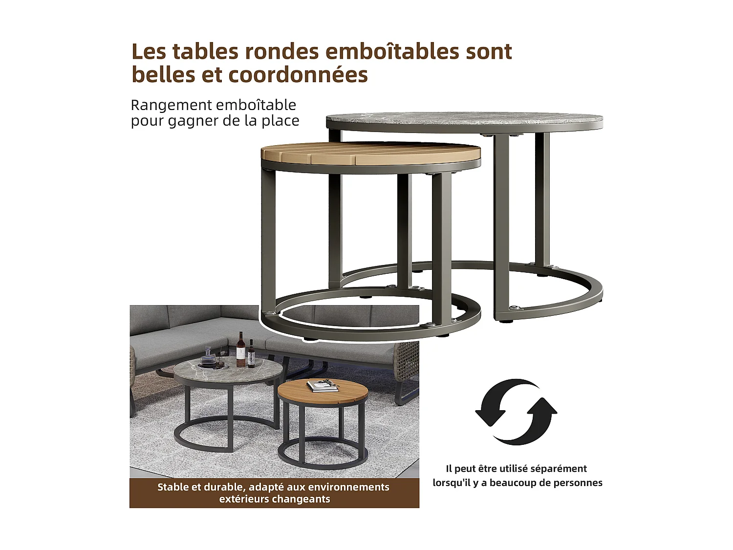 Salon de jardin, ensemble de meubles pour 6-7 personnes, en rotin artisanal, 2 tables gigognes, en fer galvanisé, pieds réglables, gris