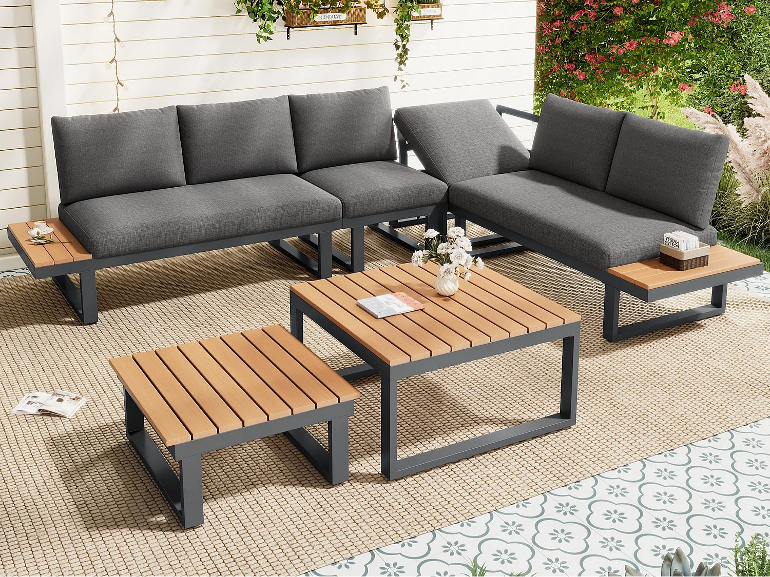 Salon de jardin - ensemble de meubles - 6 places - en acier galvanisé - canapé d'angle - 2 tables basses - plateau en bois plastique - Gris