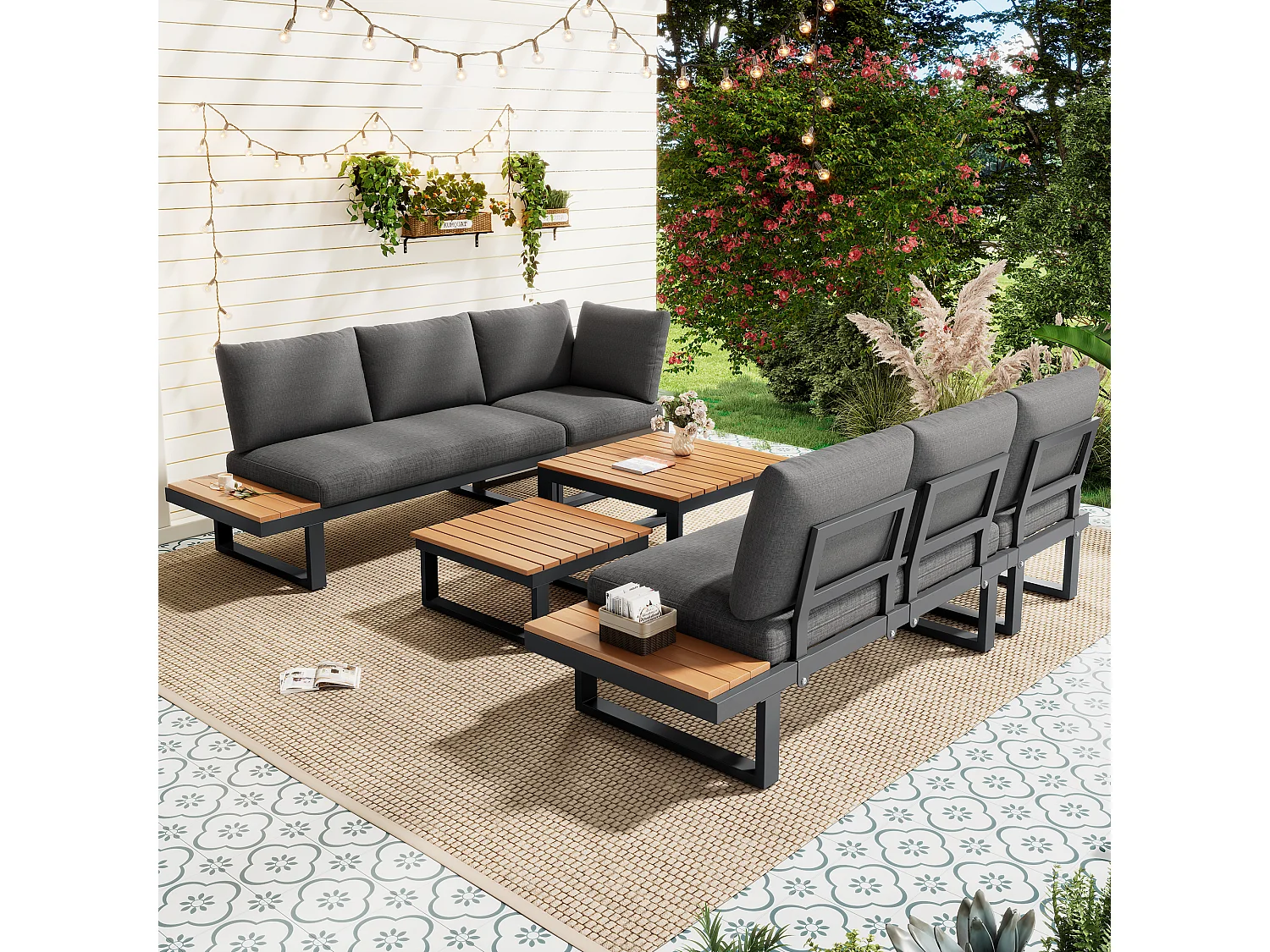 Garten-Salon - Möbelensemble - 6 Plätze - aus galvanisiertem Stahl - Ecksofa - 2 Tischchen - Holzplastikplatte - Grau