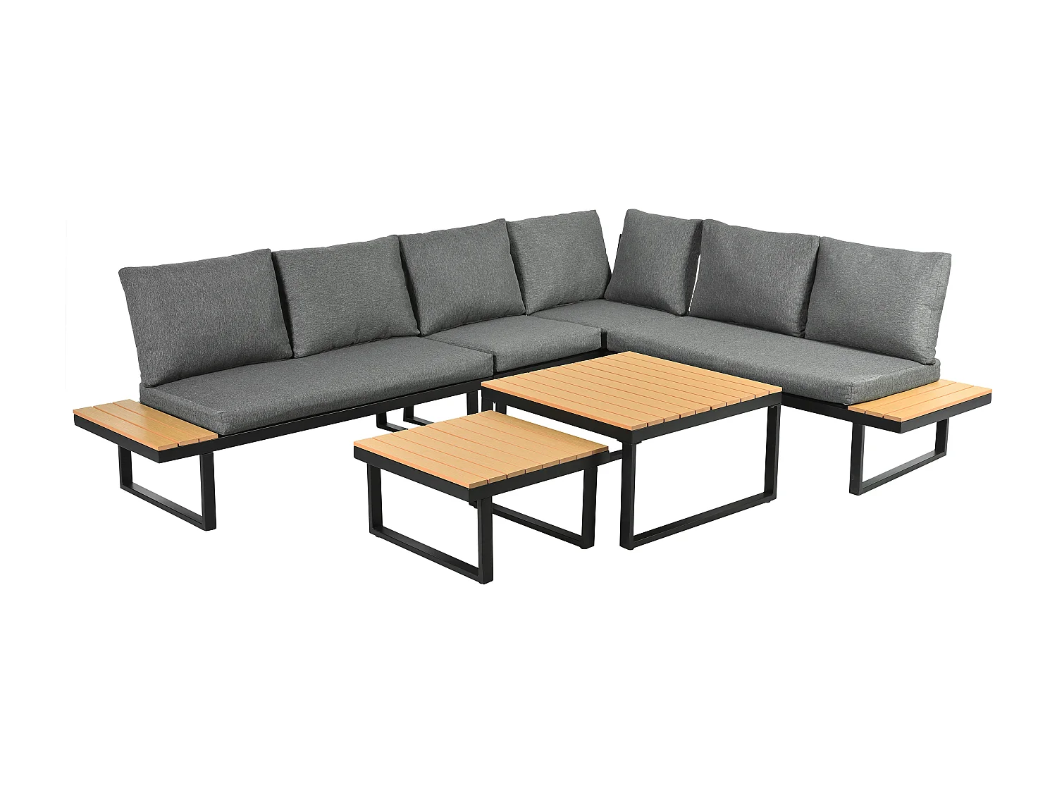 Garten-Salon - Möbelensemble - 6 Plätze - aus galvanisiertem Stahl - Ecksofa - 2 Tischchen - Holzplastikplatte - Grau