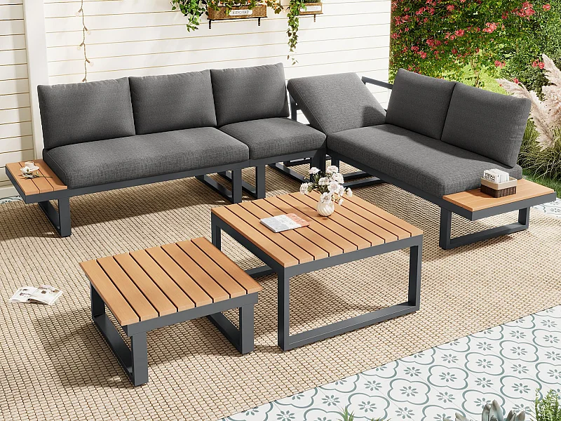 Garten-Salon - Möbelensemble - 6 Plätze - aus galvanisiertem Stahl - Ecksofa - 2 Tischchen - Holzplastikplatte - Grau