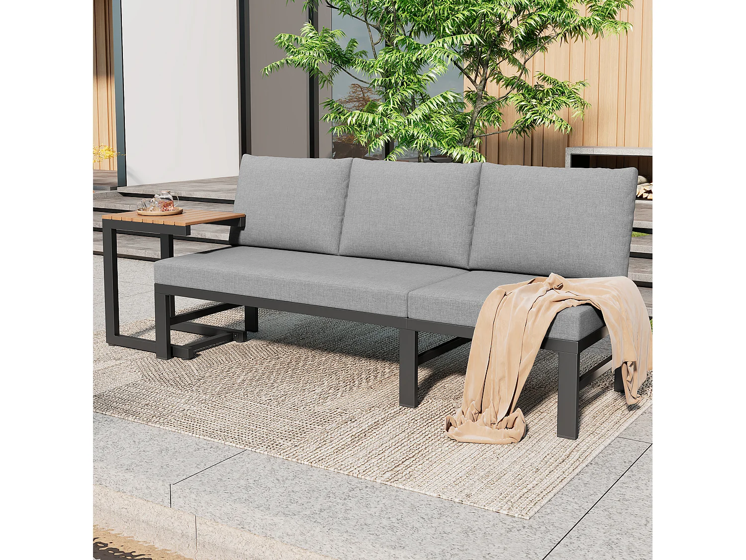 Tuinsalon - 3 plaatsen - in verzinkt staal - canapé - 1 bijzettafel - houtplastic plaat - Grijs