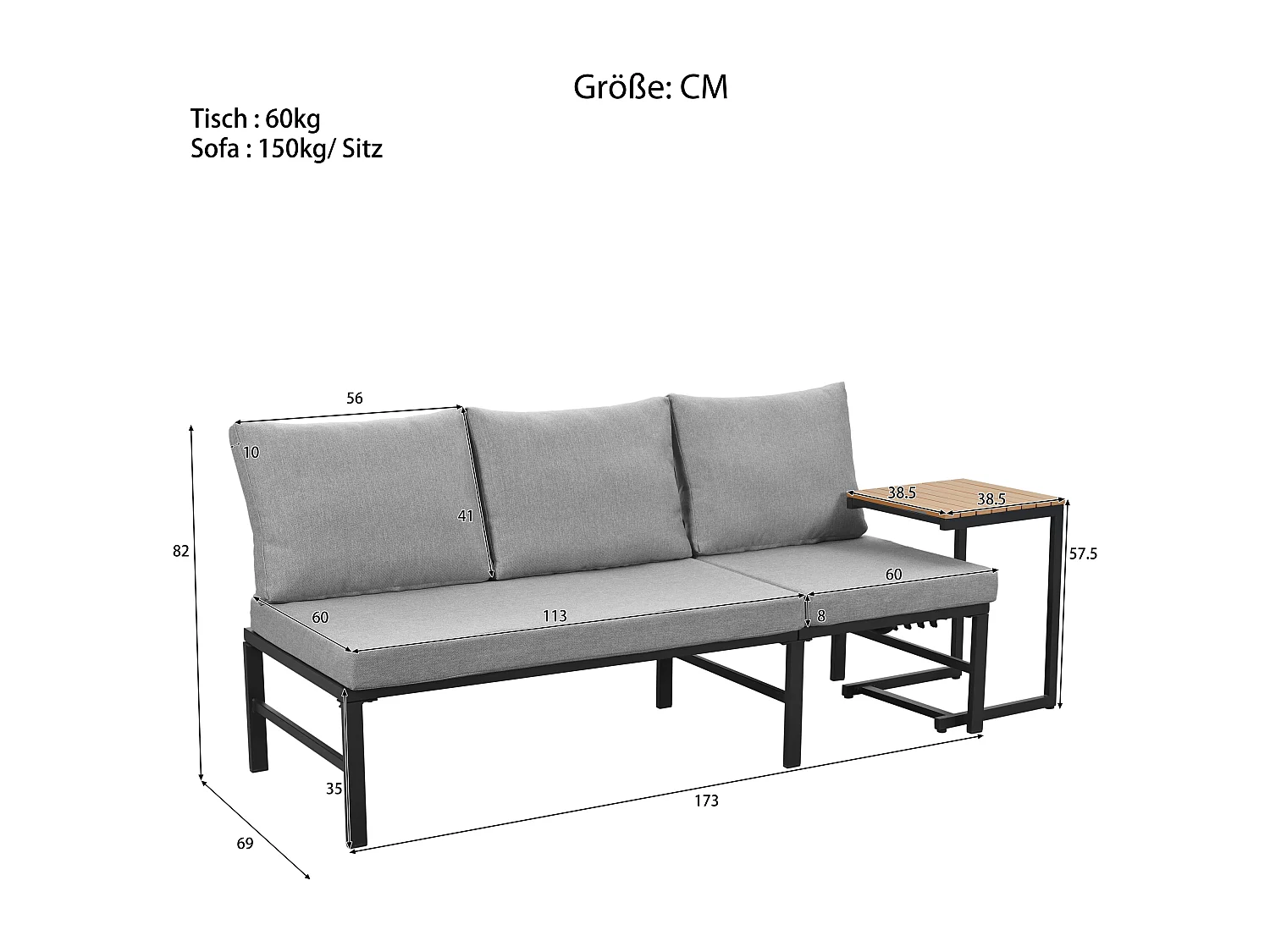 Tuinsalon - 3 plaatsen - in verzinkt staal - canapé - 1 bijzettafel - houtplastic plaat - Grijs