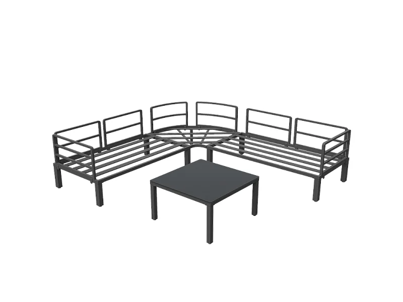 Salon de jardin en fer galvanisé 4 places - 2 canapés, 1 tables basse en verre trempé - avec coussins - Gris