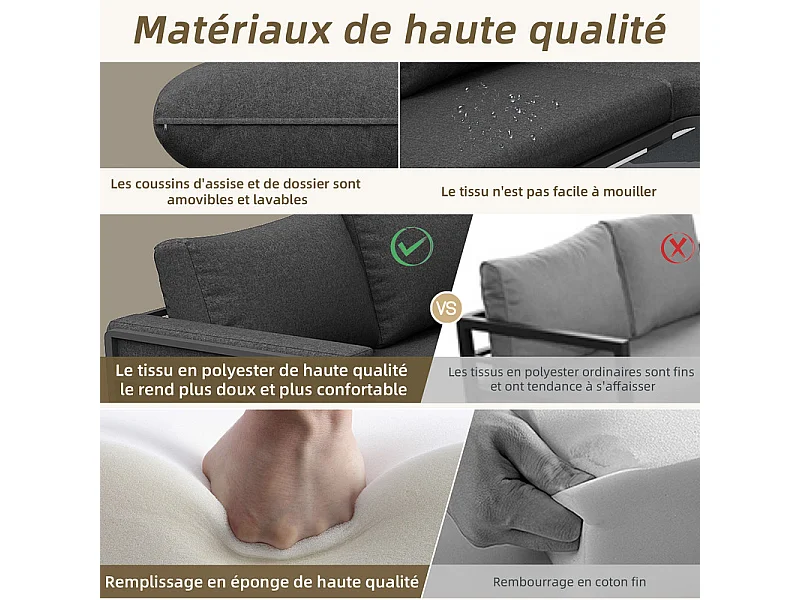 Salon de jardin en fer galvanisé 4 places - 2 canapés, 1 tables basse en verre trempé - avec coussins - Gris