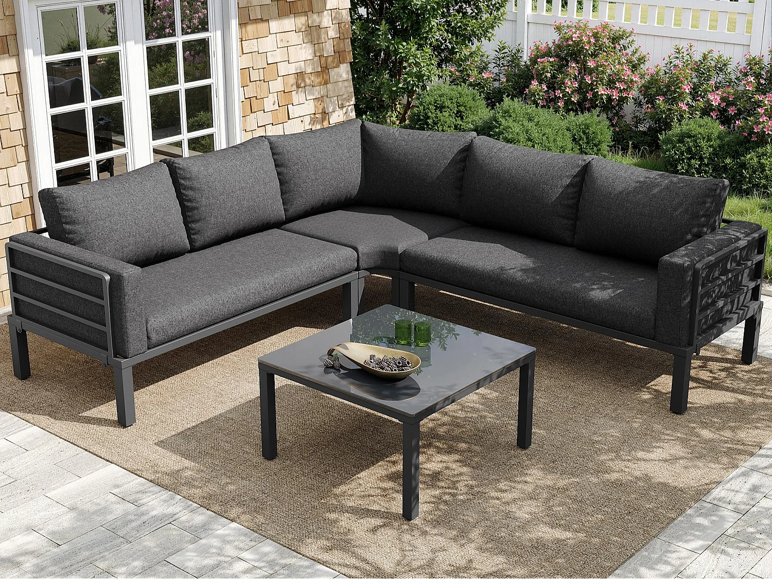 Salon de jardin en fer galvanisé 4 places - 2 canapés, 1 tables basse en verre trempé - avec coussins - Gris