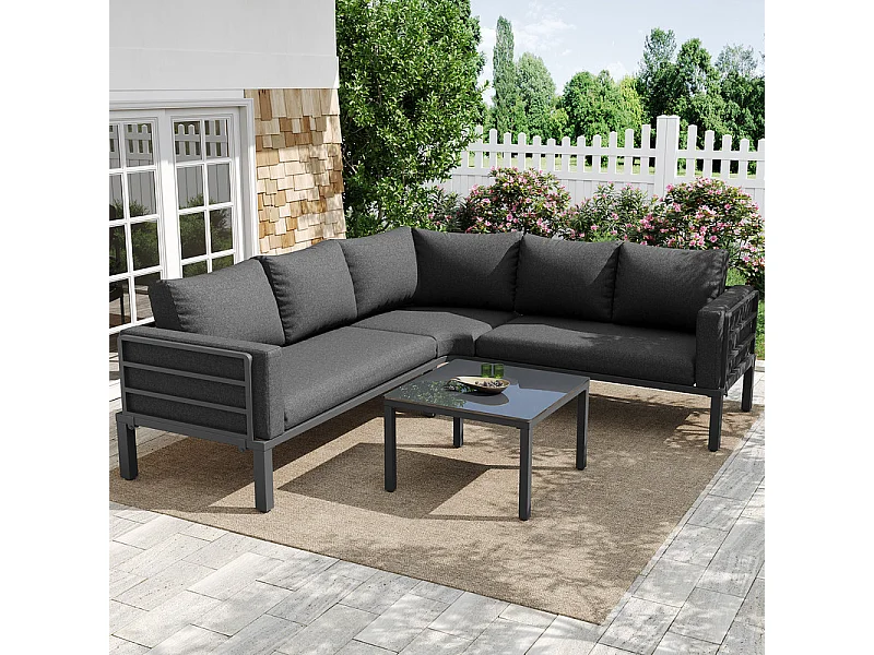 Salon de jardin en fer galvanisé 4 places - 2 canapés, 1 tables basse en verre trempé - avec coussins - Gris