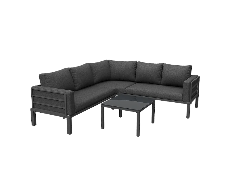 Zestaw mebli ogrodowych z ocynkowanej stali na 4 osoby - 2 sofy, 1 stół kawowy ze szkła hartowanego - z poduszkami - Szary