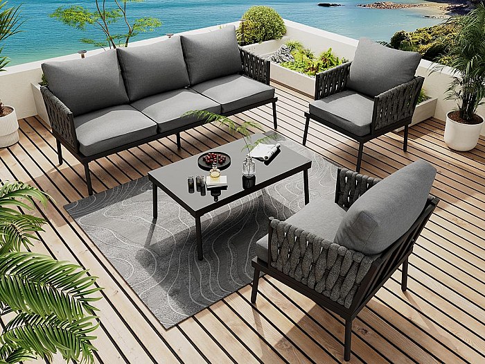 Salotto Da Giardino Basso Lino 4 Posti – Alluminio E Textilene Nero, Tavolo Con Vetro, Antiruggine E Resistente Alle Intemperie, Divano 2 Posti + 2 Sedie