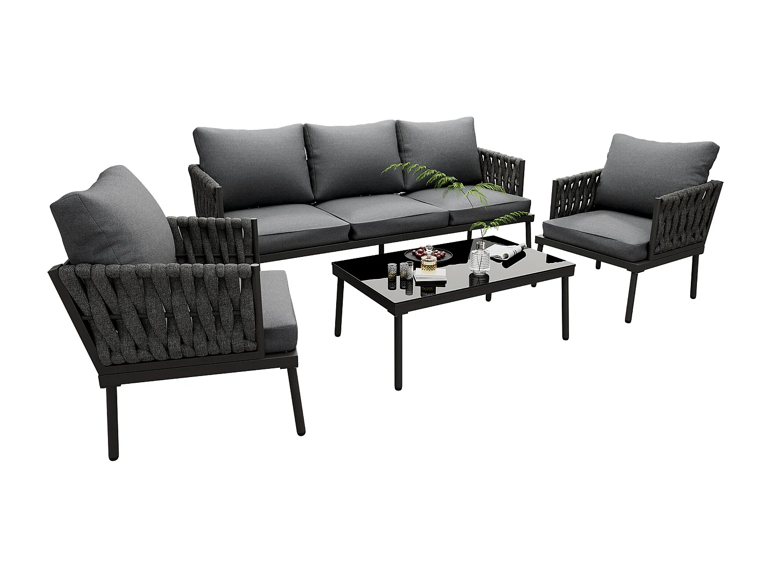 Salão de jardim - conjunto de espreguiçadeiras de jardim - 5 lugares - em corda - em ferro galvanizado - sofá - 1 mesa baixa - 2 cadeiras - Cinza