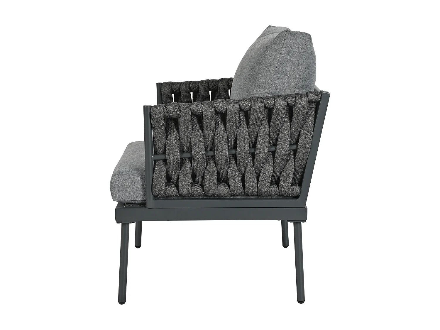 Salão de jardim - conjunto de espreguiçadeiras de jardim - 5 lugares - em corda - em ferro galvanizado - sofá - 1 mesa baixa - 2 cadeiras - Cinza