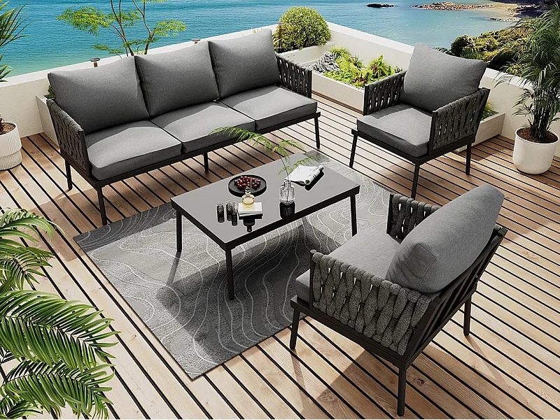 Salon de jardin - ensemble de chaises longues de jardin - 5 places - en corde - en fer galvanisé - canapé - 1 tables basse - 2 fauteuils - Gris