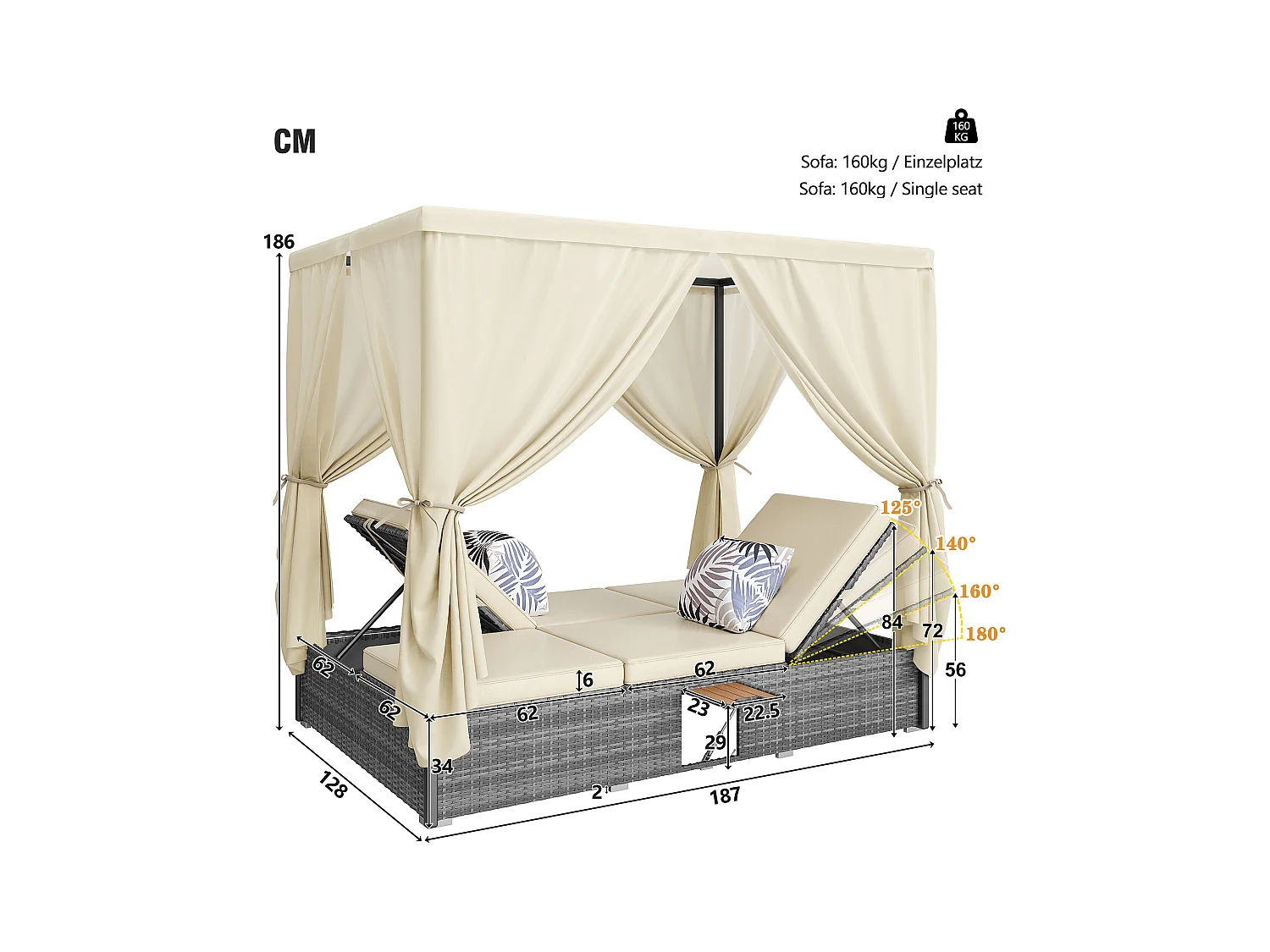 Chaise longue de jardín para dos personas - con cortina de sombra - chaise longue de ratán - con cojín y mesa plegable - gris