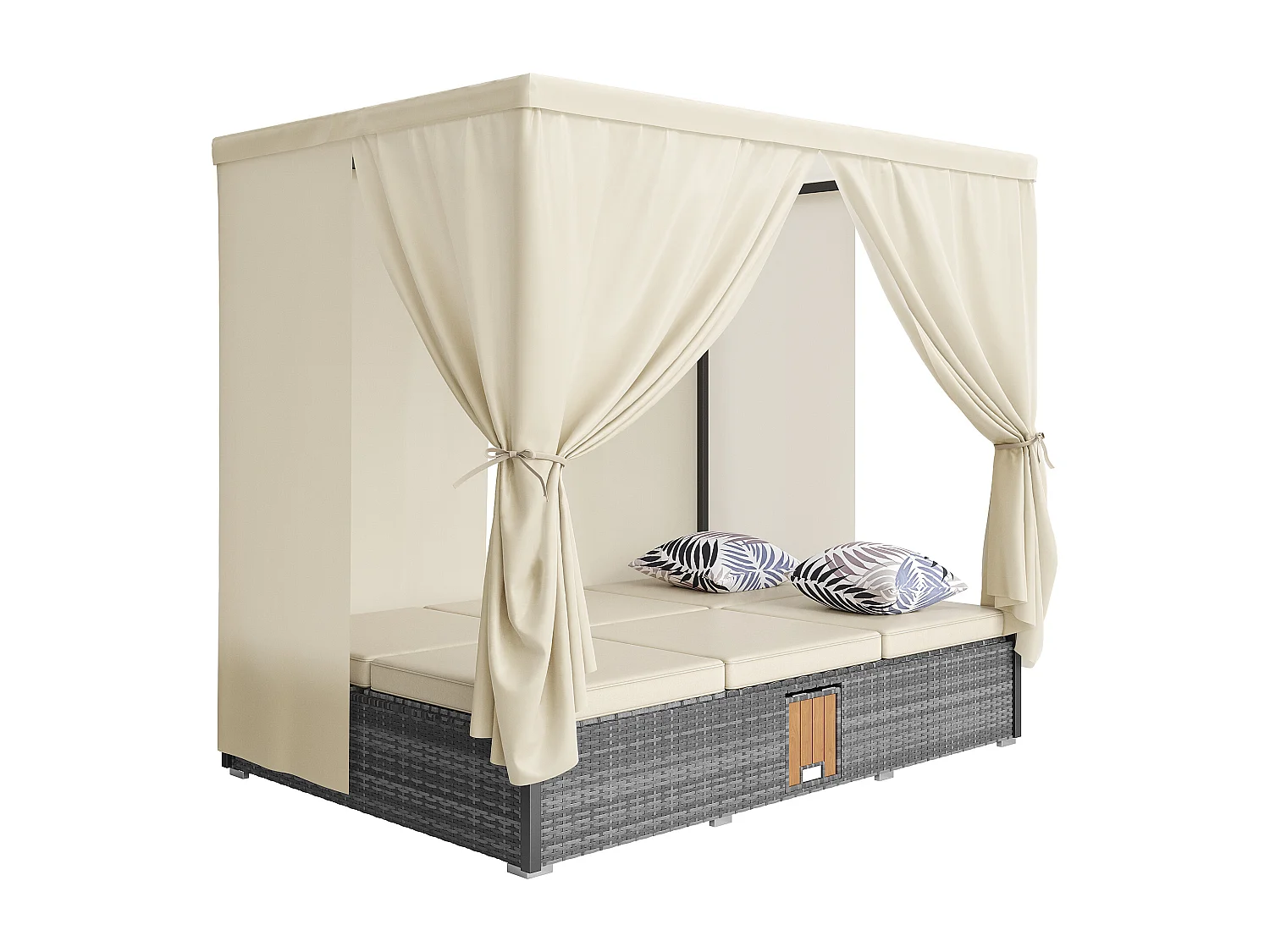 Chaise longue de jardin lit double - avec rideau d'ombrage - chaise longue en rotin - avec coussin et table pliante - gris