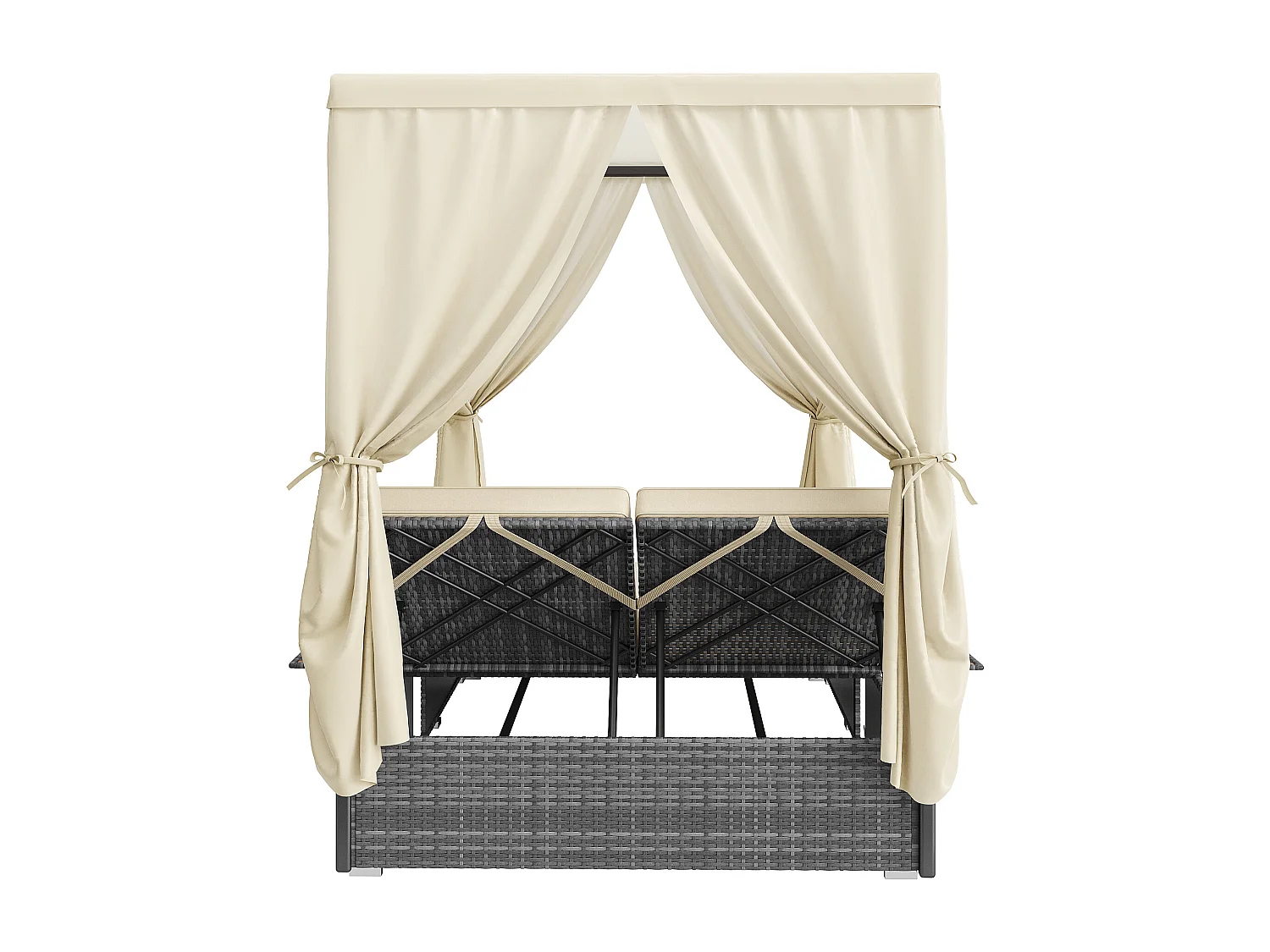 Chaise longue de jardin lit double - avec rideau d'ombrage - chaise longue en rotin - avec coussin et table pliante - gris