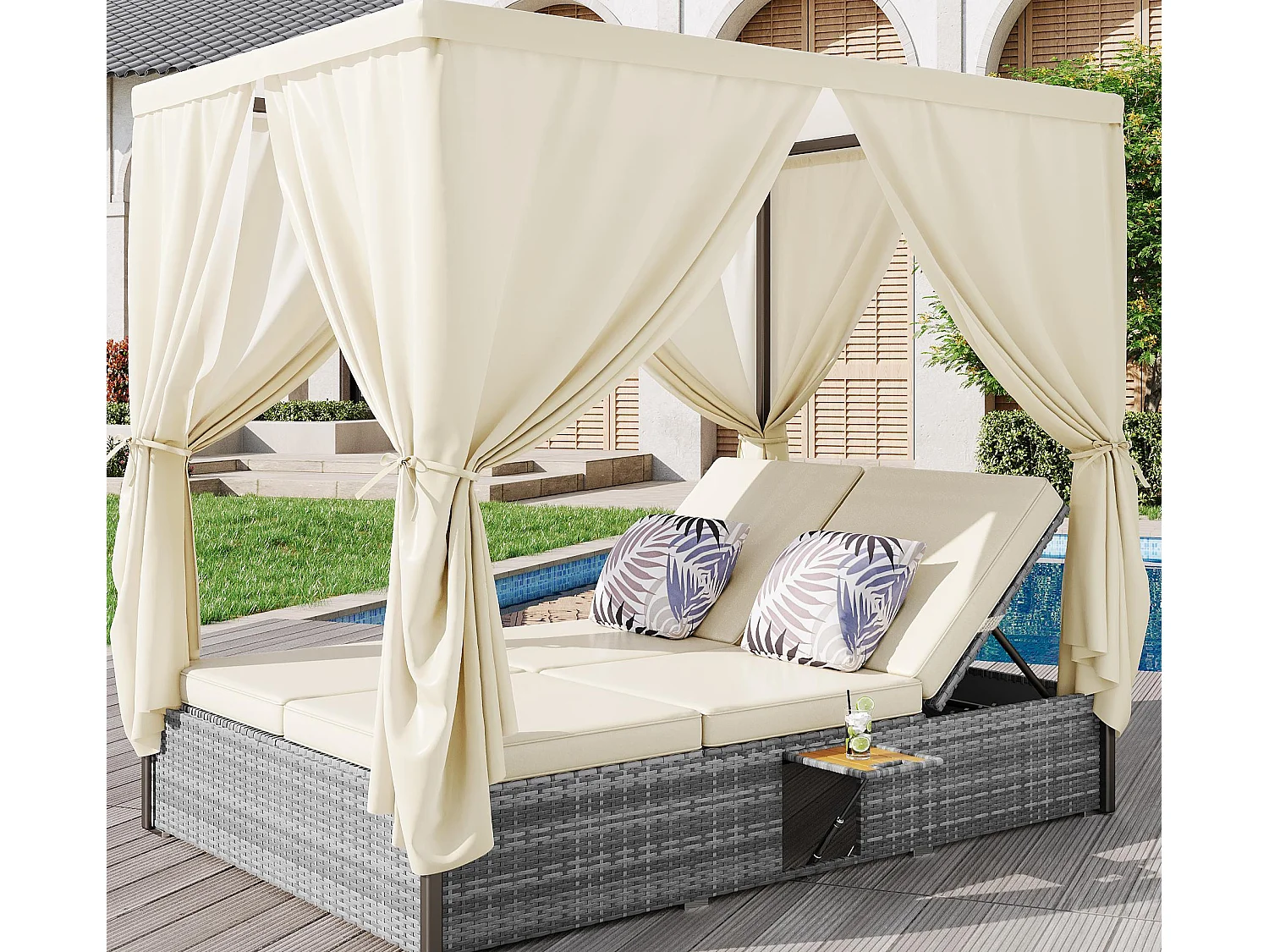 Tuinstoel voor twee personen - met schaduwgordijn - tuinstoel van rotan - met kussen en vouwtafel - grijs