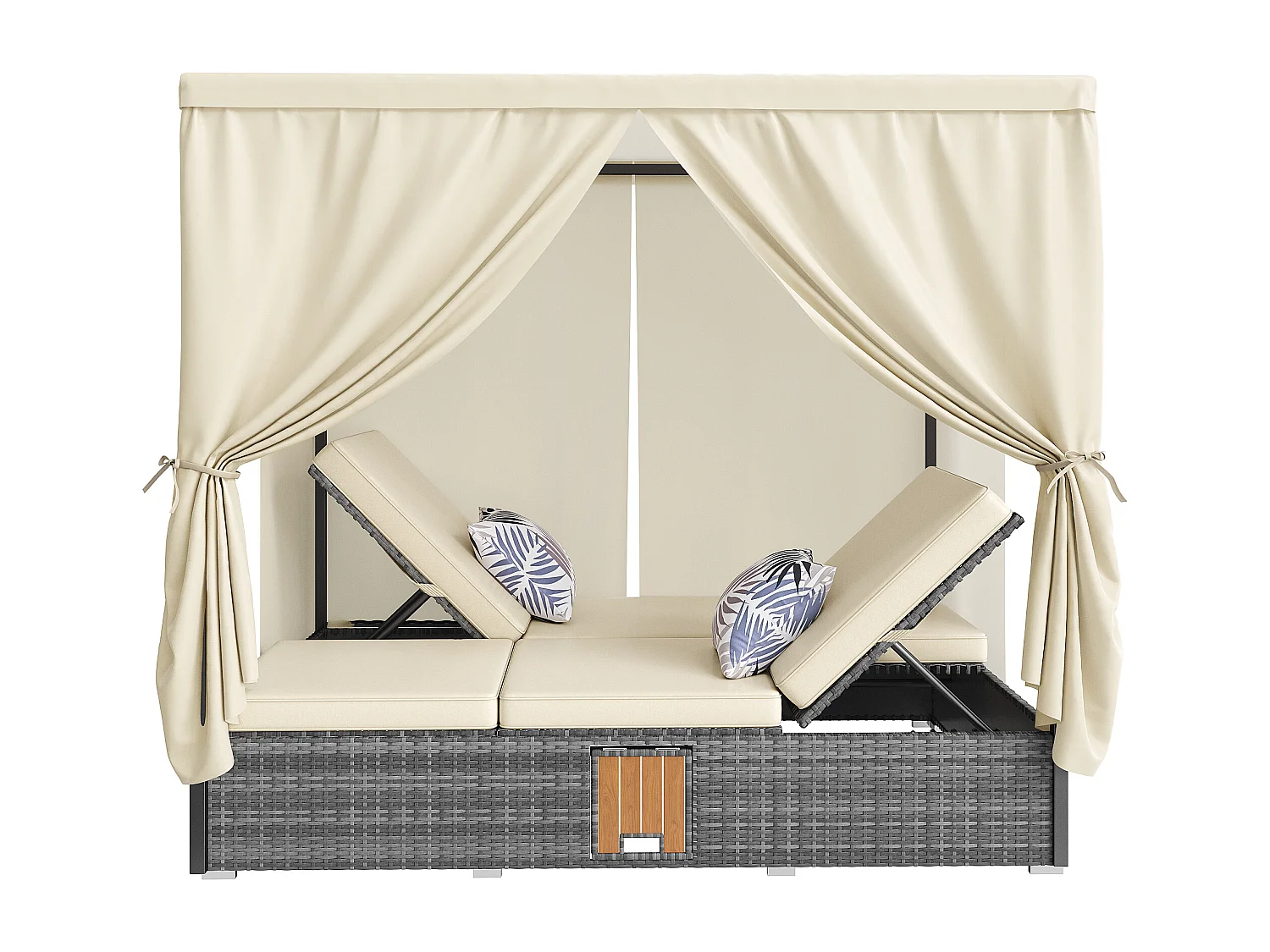 Tuinstoel voor twee personen - met schaduwgordijn - tuinstoel van rotan - met kussen en vouwtafel - grijs