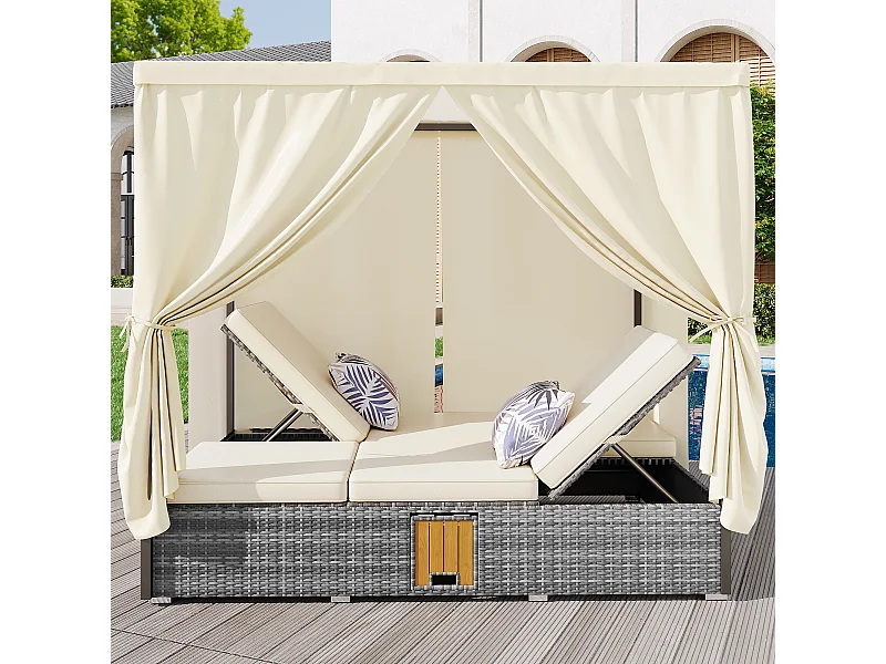 Chaise longue de jardin lit double - avec rideau d'ombrage - chaise longue en rotin - avec coussin et table pliante - gris