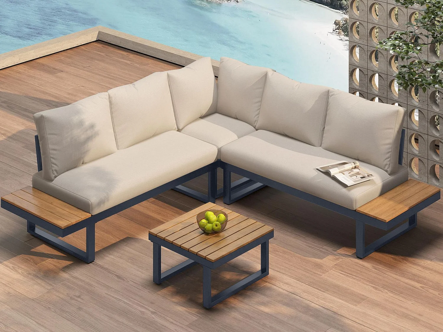 Zestaw mebli ogrodowych - 4 miejsca - ze stali ocynkowanej - narożna sofa - 1 stół w kolorze drewna - Beżowy